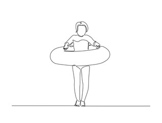 Continuous one line drawing of kid wearing swim ring. happy kid go to swimming outline illustration. Editable vector.