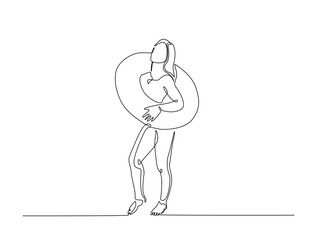 Continuous one line drawing of woman wearing swim ring. Young lady go to swimming wearing swim ring outline illustration. Editable vector.