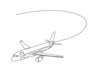 Continuous one line drawing of flying airbus or plane. Aeroplane fly outline illustration. Editable vector.