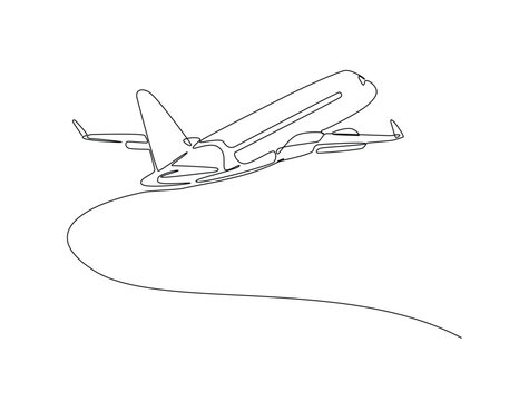 Continuous one line drawing of flying airbus or plane. Aeroplane fly outline illustration. Editable vector.