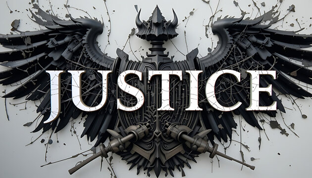 dark dystopian bird, wings spread, text "JUSTICE", dark, grungy, grunge, gothic, cinematic, epic, illustration, digital art, 4K and HD iamge