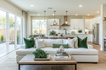 Beautiful modern living room with white sofa, green pillows, coffee table near open kitchen, new home interior in Livermore, California