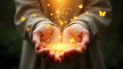 Spirit Guide A open hands receiving stardust surrounded by golden butterflies and energy trails, radiating warmth, love, and inner peace
