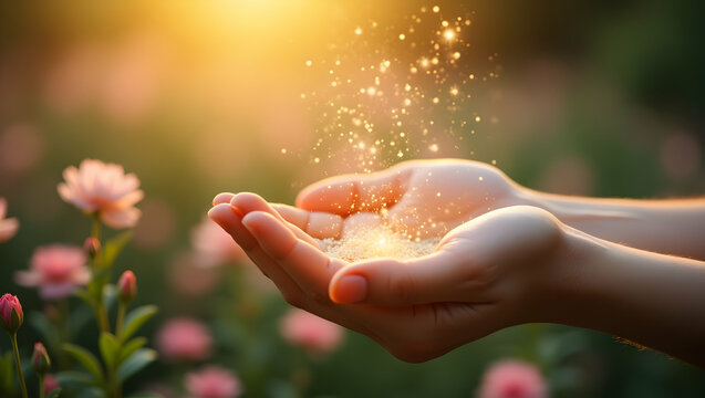 Spirit Guide A open hands receiving stardust amid blooming flowers with light sparkles, radiating warmth, love, and inner peace