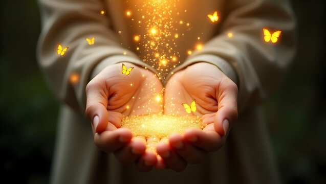 Fototapeta Spirit Guide A open hands receiving stardust surrounded by golden butterflies and energy trails, radiating warmth, love, and inner peace