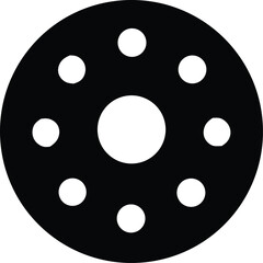 Black Circular Disc with Multiple Smaller Circular Cutouts and a Central Hole simple illustration shows black circular disc featuring numerous smaller evenly