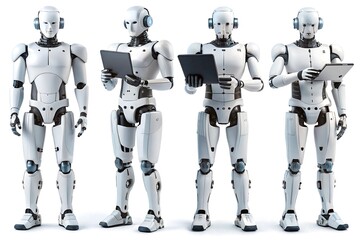 Four humanoid robots using tablets, standing in a row, white background, digital art