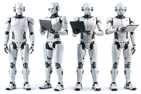 Four humanoid robots using tablets, standing in a row, white background, digital art