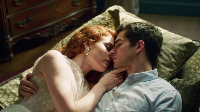 Romantic Embrace: A Couple's Tender Moment on a Luxurious Couch in Soft Light