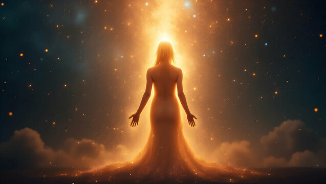 Spirit Guide Body filled with shimmering stardust with light extending into the universe, with radiant streams of light flowing outward, representing a spiritual a