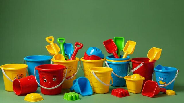 Vibrant assortment of children's plastic sand toys, including buckets, shovels, and molds, on a green background.