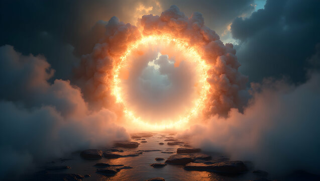 Spirit Guide Circular threshold made of energy amidst interdimensional storms of light, marking the moment of spiritual breakthrough and dimensional transition