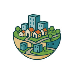 Fototapeta premium A clean and modern vector illustration of a city skyline, featuring tall skyscrapers, office buildings, and urban structures. The design uses flat colors and minimal details, making it ideal for busin
