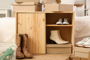 Chest of drawers with boxes and women's shoes in bedroom