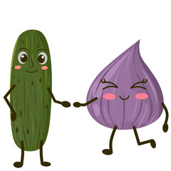 vector illustration of cartoon characters pickle and onion holding each other