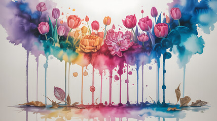 Vibrant Watercolor Painting of Tulips and Peonies in a Rainbow of Colors