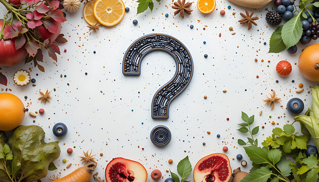 fruit, vegetables, question mark, spices, herbs, citrus, berries, white background, still life, healthy food, abstract composition, studio shot, 4K and HD image
