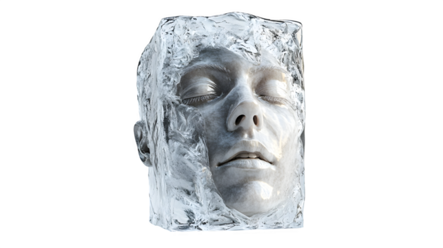 Photorealistic visualization of 'Creative Block': A hyperrealistic human head encased in a block of clear, solid ice, features visible but frozen, isolated on Transparent background - Powered by Adobe