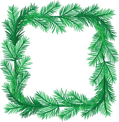 Square Frame of Vibrant Green Evergreen Branches square frame design made detailed green evergreen branches against white background The branches are stylized