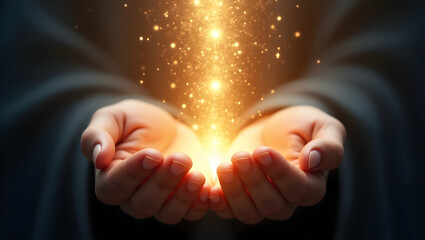 Spirit Guide Open palms glowing with warm light with light extending into the universe, with radiant streams of light flowing outward, representing a spiritual awa