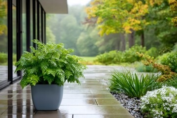Fototapeta premium Lush green fern growing in a modern pot on a rainy patio