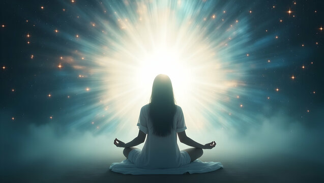 Spirit Guide Person radiating white aura framed by a portal of energy, immersed in total cosmic stillness and spiritual alignment