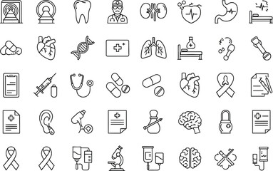 medical and healthcare line icon set – 40 vector symbols including heart, lungs, pills, microscope, syringe, and doctor