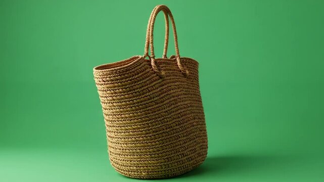 Stylish handwoven straw tote bag with handles on a vibrant green background. Summer fashion accessory.