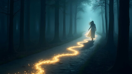 Spirit Guide Shapeless guide with flowing light trails guiding through a dark forest with glowing steps, representing the silent wisdom and supportive presence 