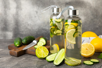 Cucumber water with lemon, lime and mint on a wooden table. Water infused with sliced...