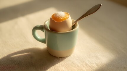 Soft Boiled Egg in Cup with Spoon and Salt, Morning Glow