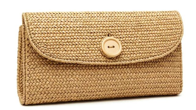 Elegant Natural Woven Straw Clutch Bag with Wooden Button Closure