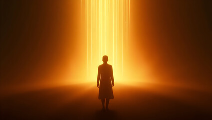 Spirit Guide Silhouette with inner light bursting out against a void filled only with warmth, with radiant streams of light flowing outward, representing  