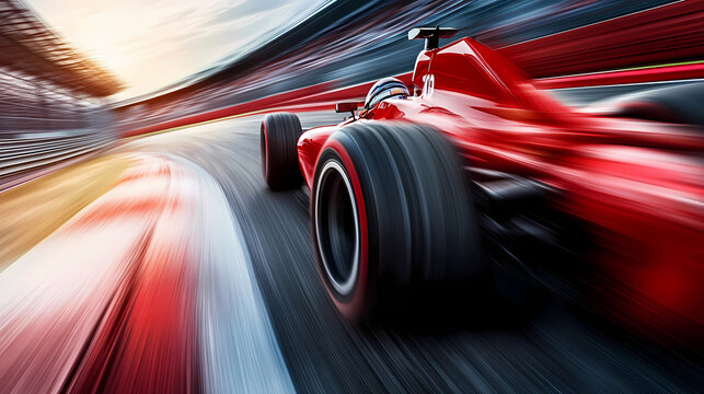 Racing car at high speed. Racer on a racing car passes the track. Motor sports competitive team racing. Motion blur background. 