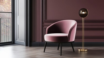 Fototapeta premium Elegant mauve velvet armchair and floor lamp in a classic room.
