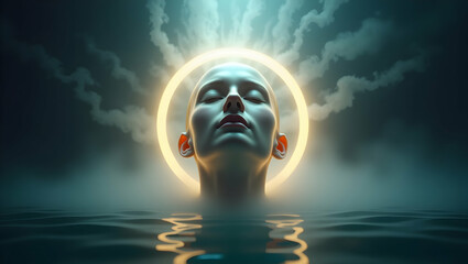 Spirit Guide Soft face illuminated from within framed by aura rings in silence, with radiant streams of light flowing outward, representing a spiritual awakening