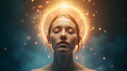Spirit Guide Soft face illuminated from within framed by aura rings in silence, with radiant streams of light flowing outward, representing a spiritual awakening