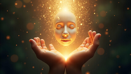 Spirit Guide Soft face illuminated from within held in space with layers of glowing vibration, with radiant streams of light flowing outward, 