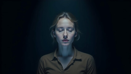 Spirit Guide Soft face illuminated from within in a quiet space surrounded by darkness, capturing the essence of healing, inner radiance, and universal presence