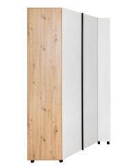 Corner wardrobe view from side. Wooden furniture in warm shades that provide comfort to the home.