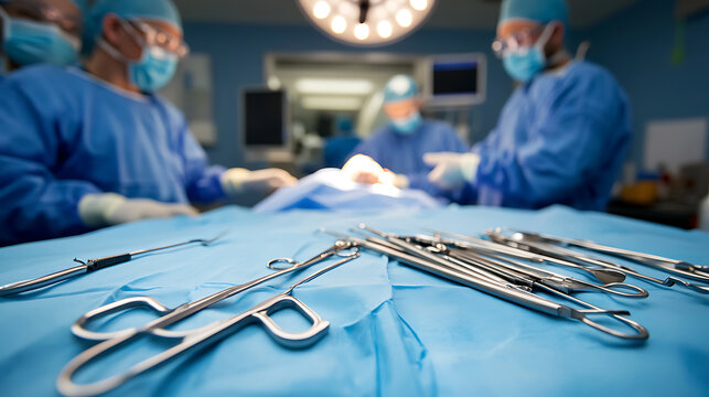 Surgeons performing surgery in an operating room with surgical instruments in the foreground
