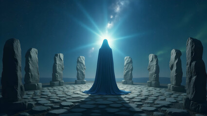 Spirit Guide Spirit guide cloaked in starlight in an ancient circle of standing stones, representing the silent wisdom and supportive presence of a spiritual guide