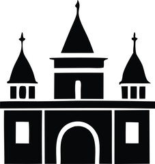Simple Black and White Silhouette of a Medieval Style Building stylized black silhouette large building with multiple towers arched entrance The design