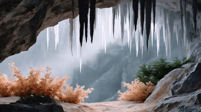 Icicles hanging from cave ceiling with misty background