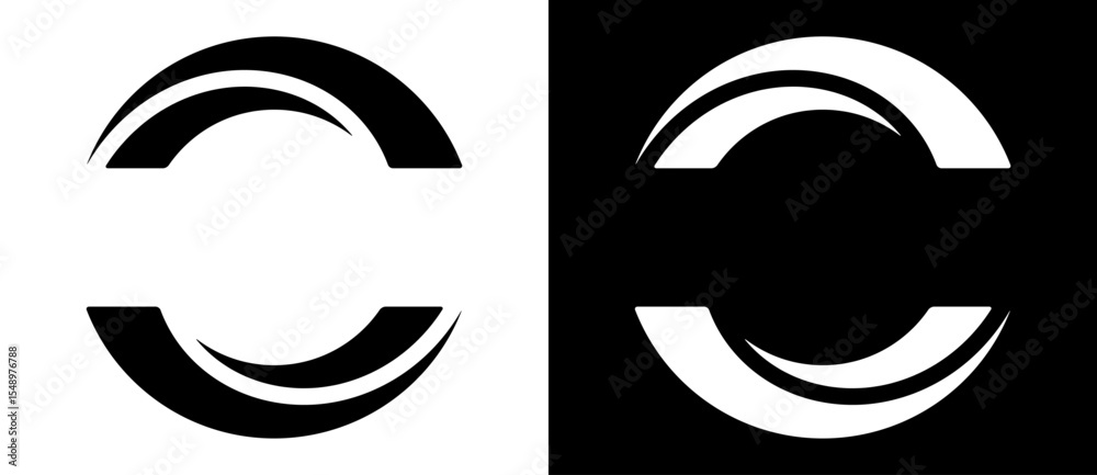 Poster Rotating art lines in semi circle shape as symbol, logo or icon. Black shape on a white background and the same white shape on the black side.