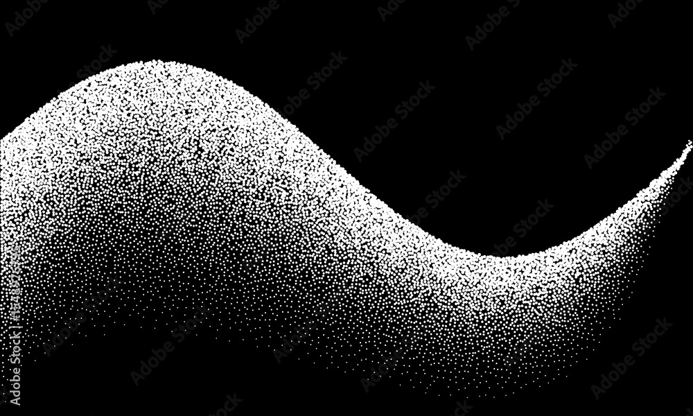 Poster Abstract art background with dots. Waves with stipple effect with chaotic noise. White dots on black background.