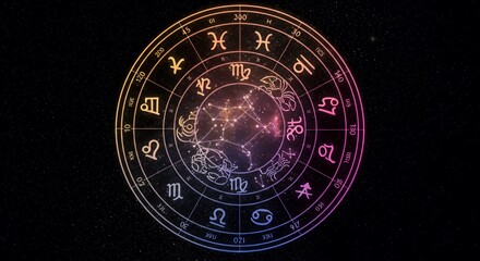 Celestial Zodiac Wheel: A Cosmic Astrology Chart Depicting Constellations and Signs