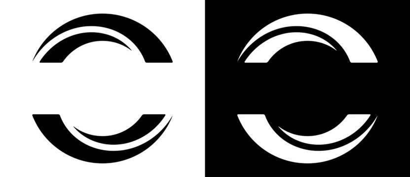 Rotating art lines in semi circle shape as symbol, logo or icon. Black shape on a white background and the same white shape on the black side.