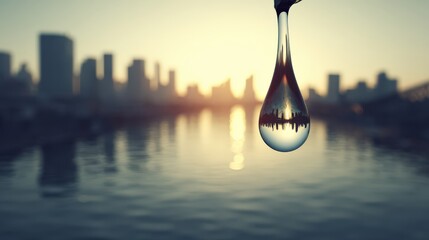 Captivating Water Drop Reflects City Skyline at Sunset