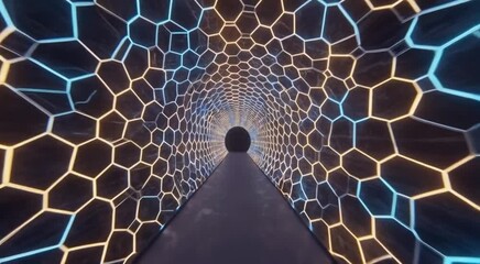 Futuristic abstract tunnel of glowing hexagons in motion, geometric sci-fi animation background with copy space - Powered by Adobe